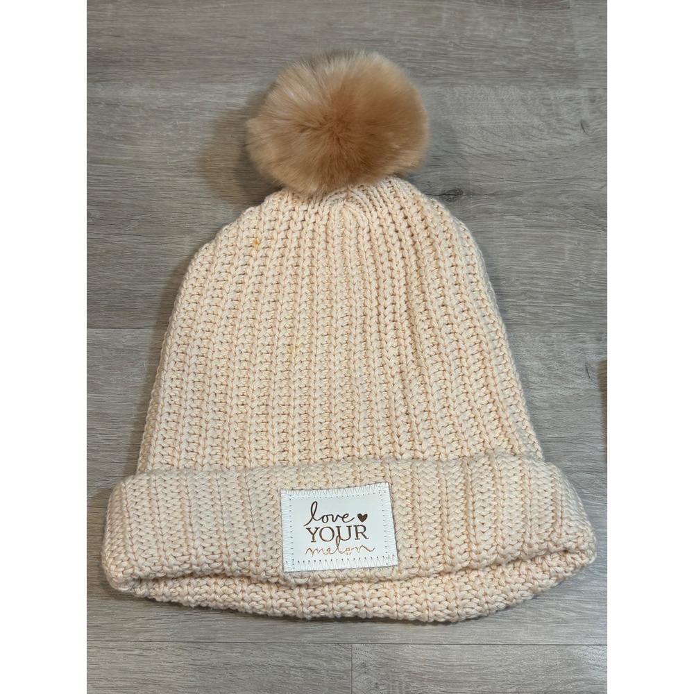 Love Your Melon Cream Ribbed Knit Beanie‎ Hat with Faux Fur Pom Pom Made in USA
